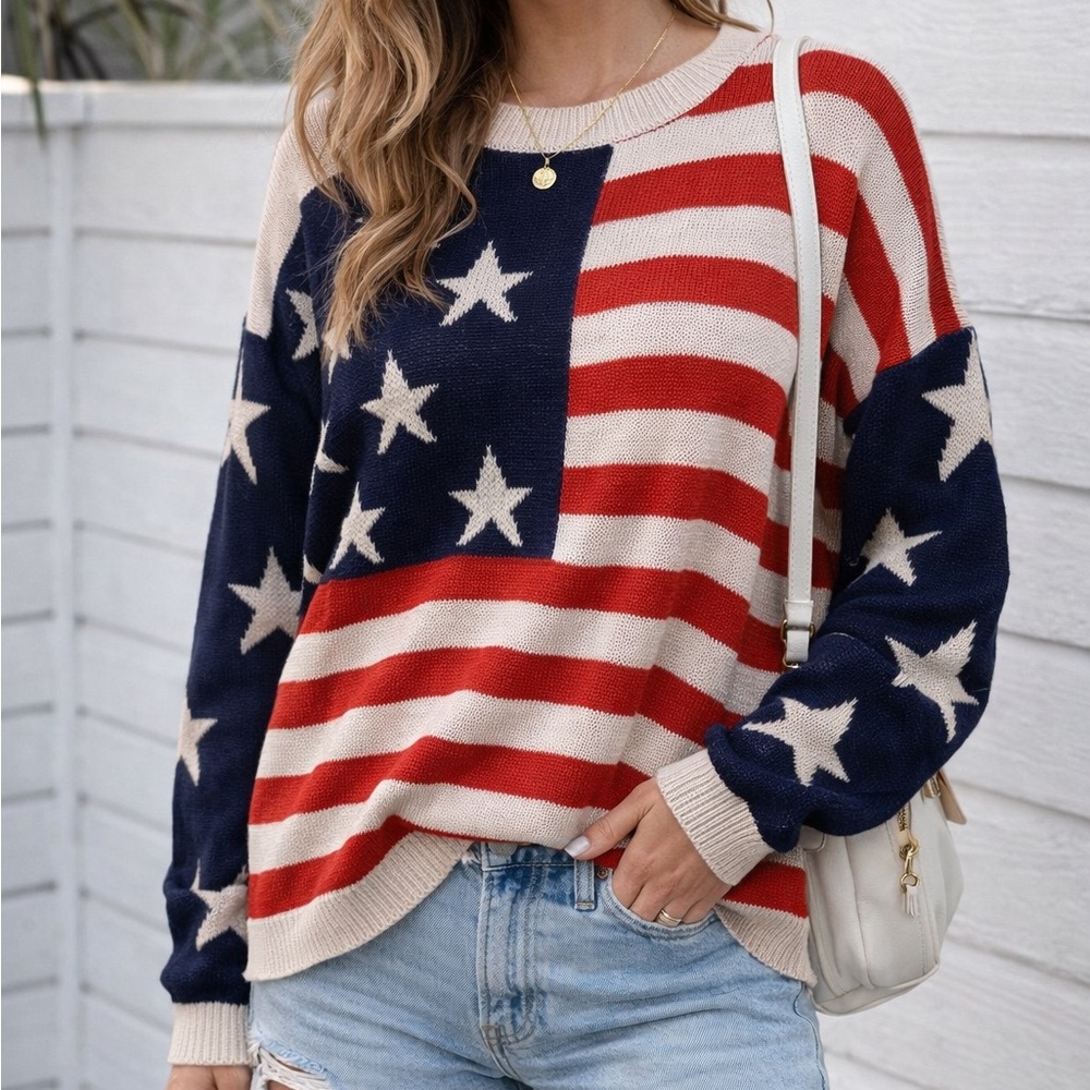 Patriotic American Flag Knit stars and stripes Sweater Size XL